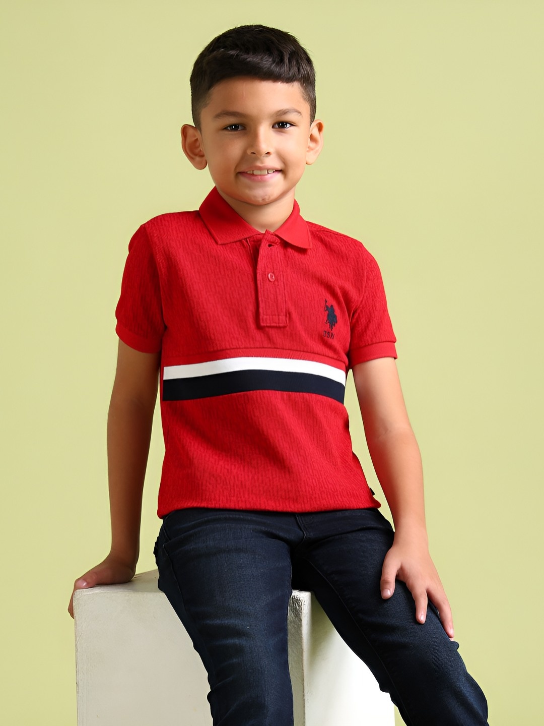 

U.S. Polo Assn. Kids Boys Brand Logo Striped Polo Collar Pure Cotton T-shirt, Red