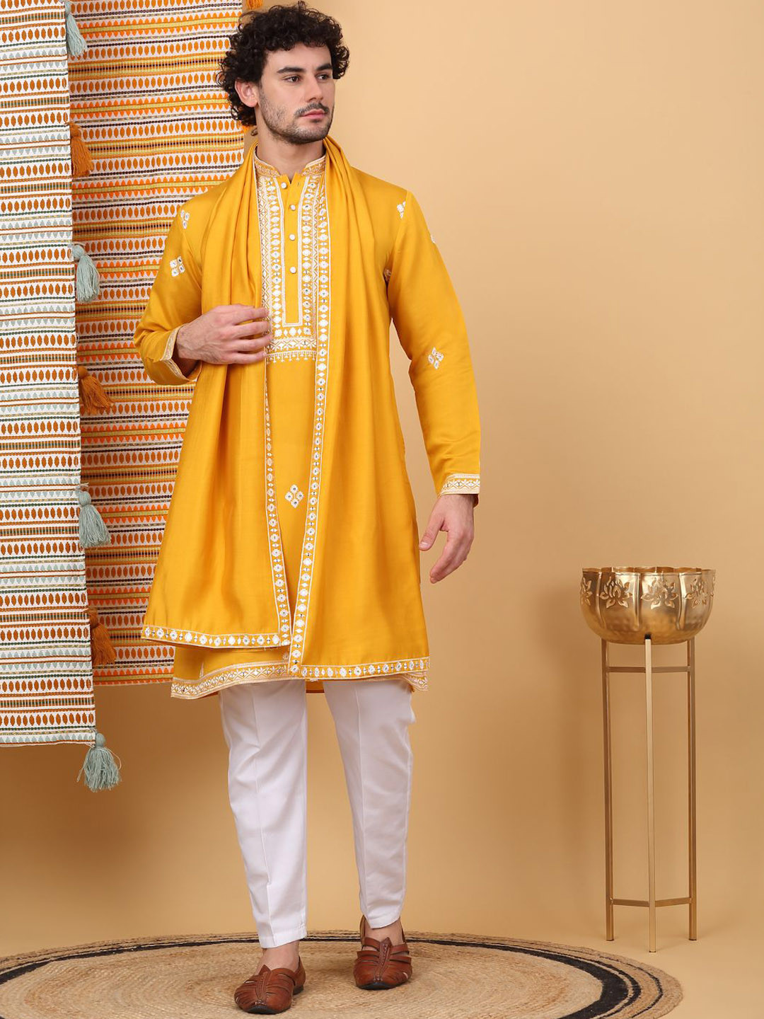 

KRAFT INDIA LUXE Floral Embroidered Mirror Work Cotton Silk Kurta & Trouser & Dupatta, Yellow