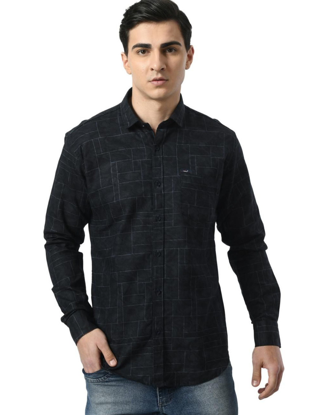 

PEBCO Men Classic Spread Collar Abstract Printed Cotton Slim Fit Casual Shirt, Black