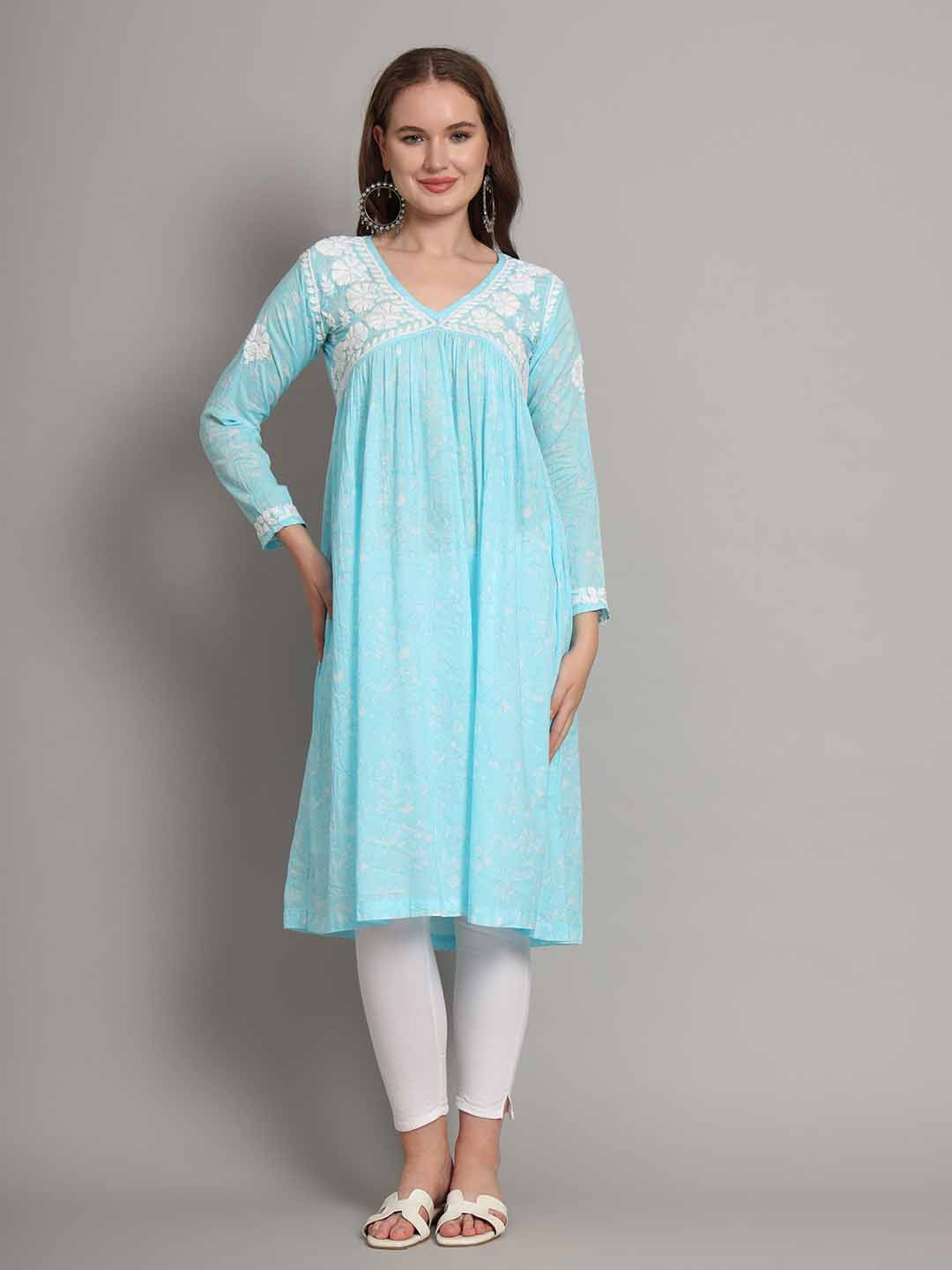 

The Chikan Label Floral Printed V Neck Chikankari Cotton A-Line Kurta, Blue