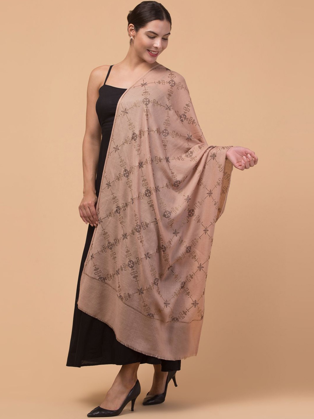 

Tweedle Geometric Woven Design Beads and Stones Woollen Shawl, Beige