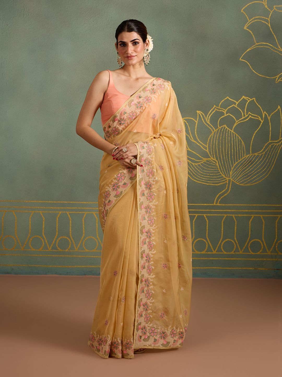 

Likha Floral Embroidered Saree With Blouse Piece, Yellow