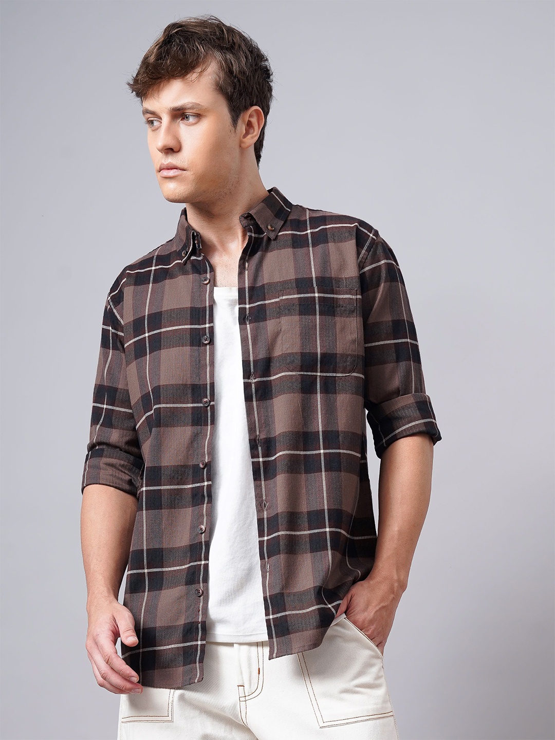 

British Club Men Standard Tartan Checks Opaque Checked Casual Shirt, Brown