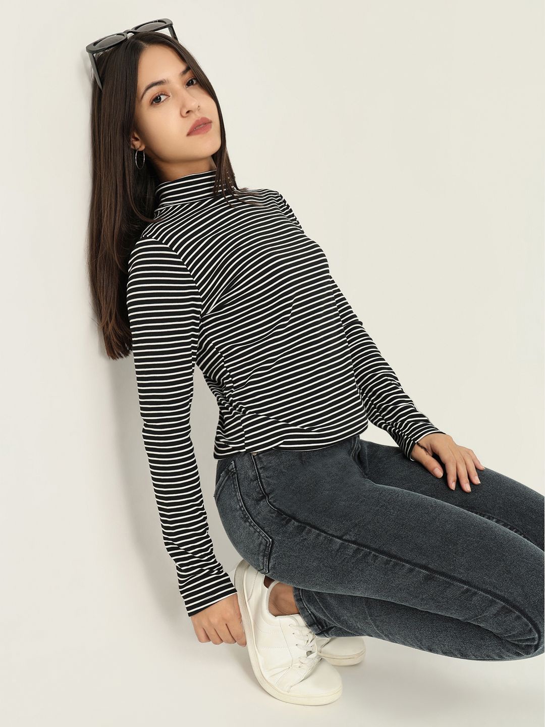 

SHOWOFF Women Horizontal Striped High Neck Top, Black