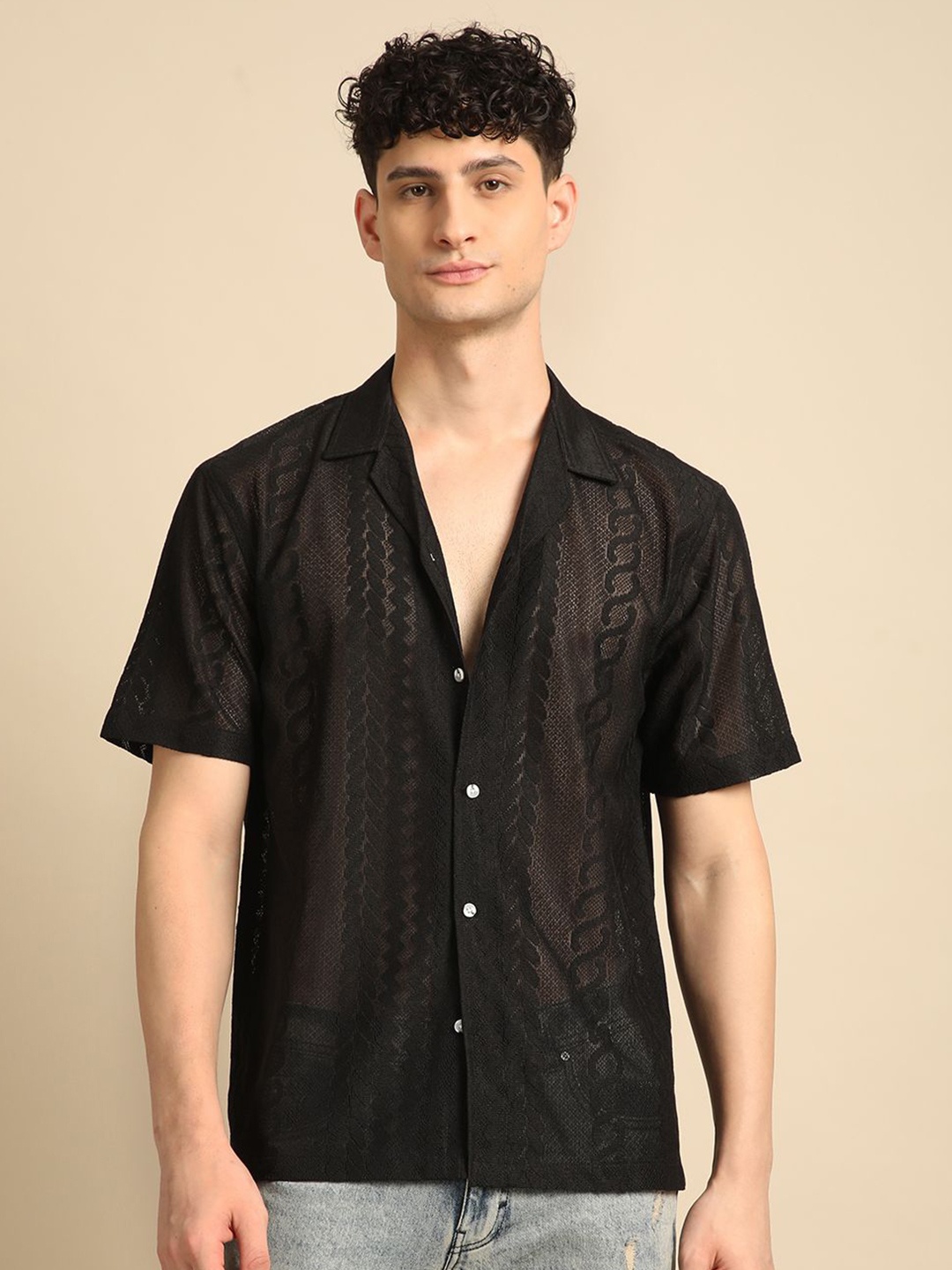 

Voroxy Men Relaxed Cuban Collar Textured Solid Polycotton Casual Shirt, Black