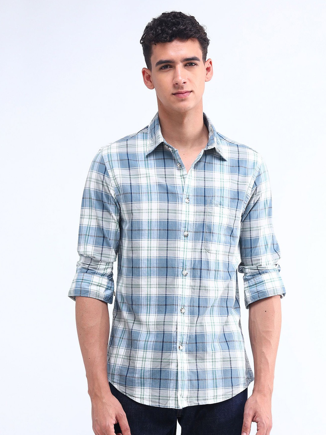 

Flying Machine Men Spread Collar Tartan Checked Cotton Casual Shirt, Blue