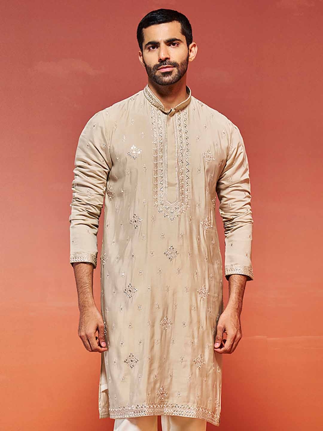 

VASTRAMAY Ethnic Motifs Embroidered Sequinned Mandarin Collar Straight Kurta, Beige