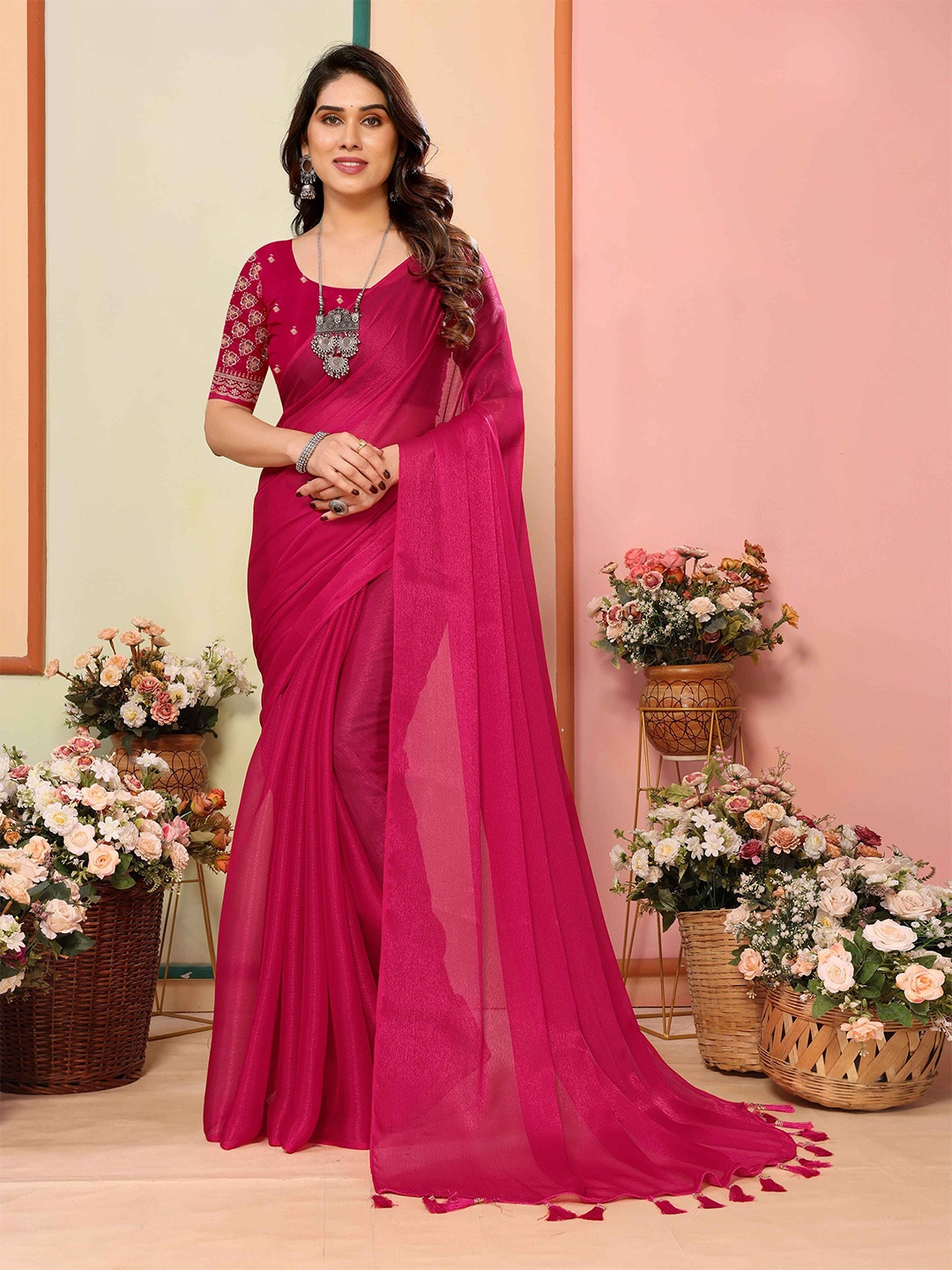 

sareyavella Silk Blend Mysore Silk Celebrity Saree, Pink