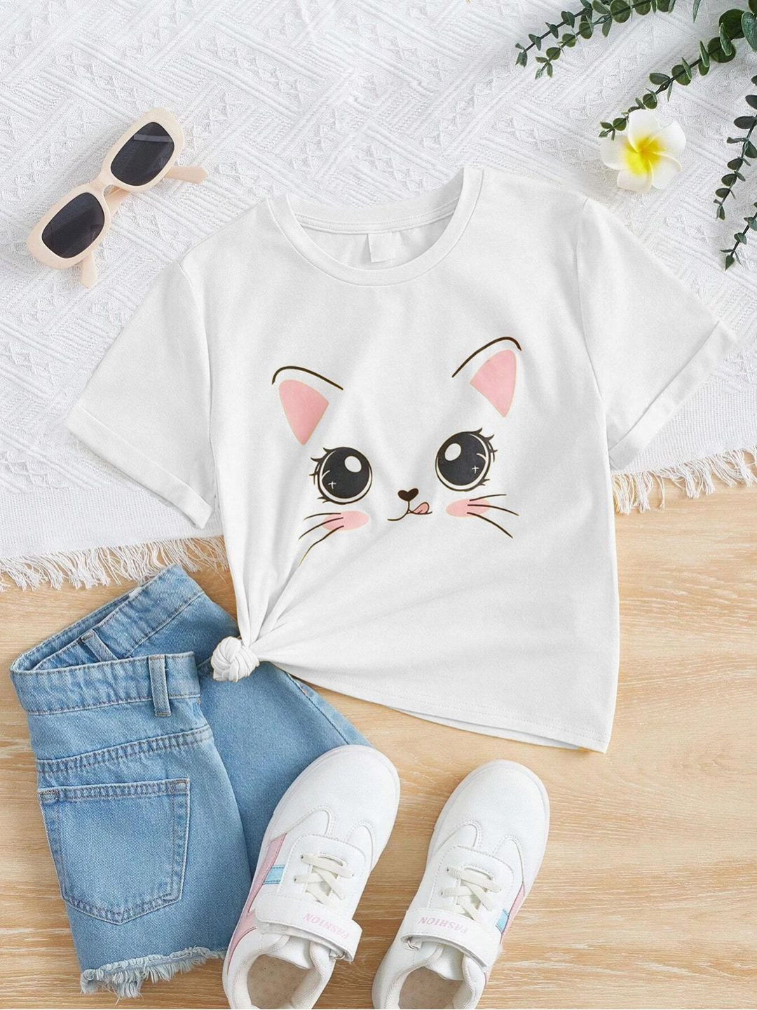 

Kotty Girls Graphic Printed Round Neck Cotton Oversized T-shirt, White