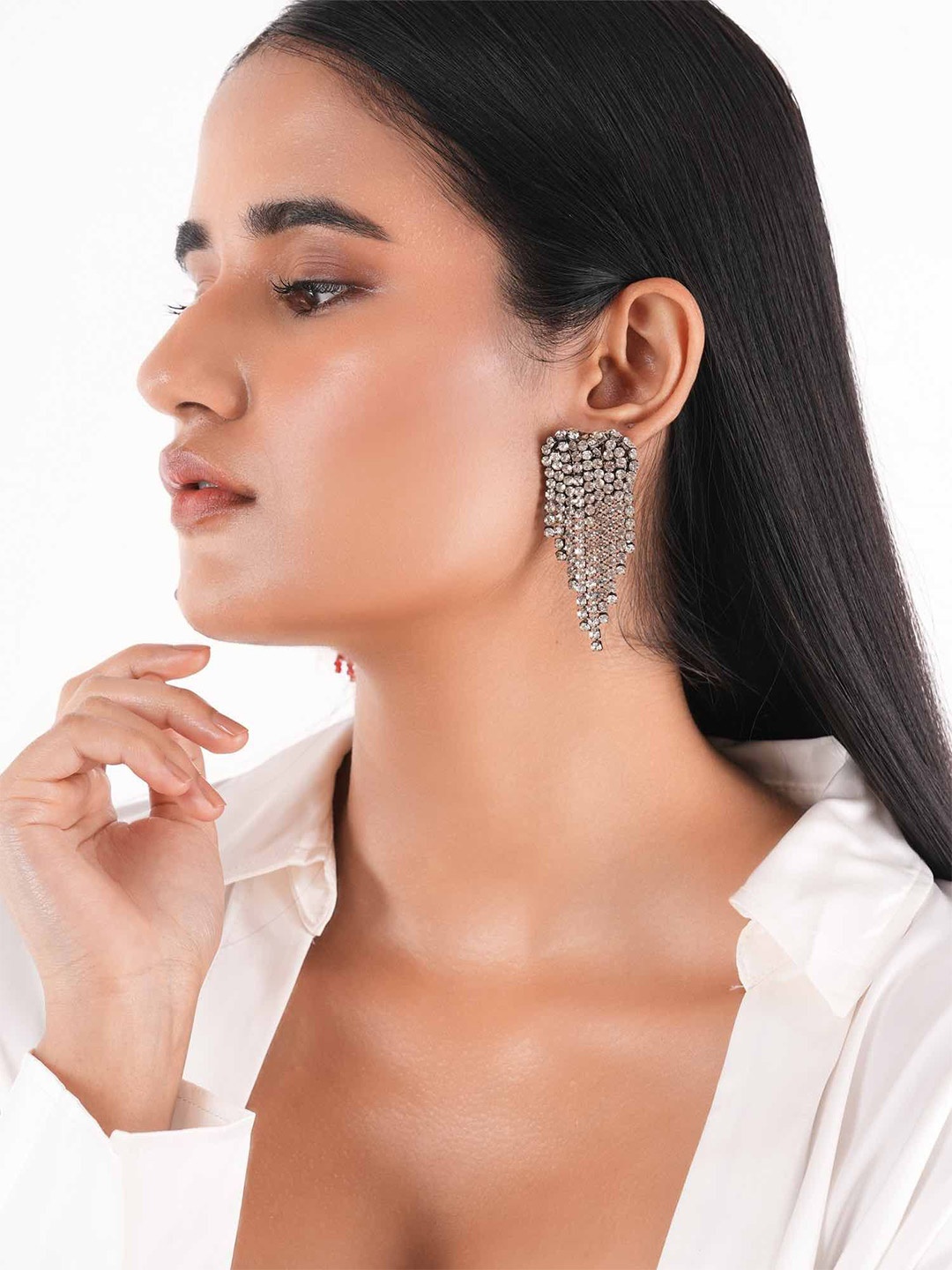 

D'oro Ecstatic Stones Studded Heart Shaped Drop Earrings, Silver