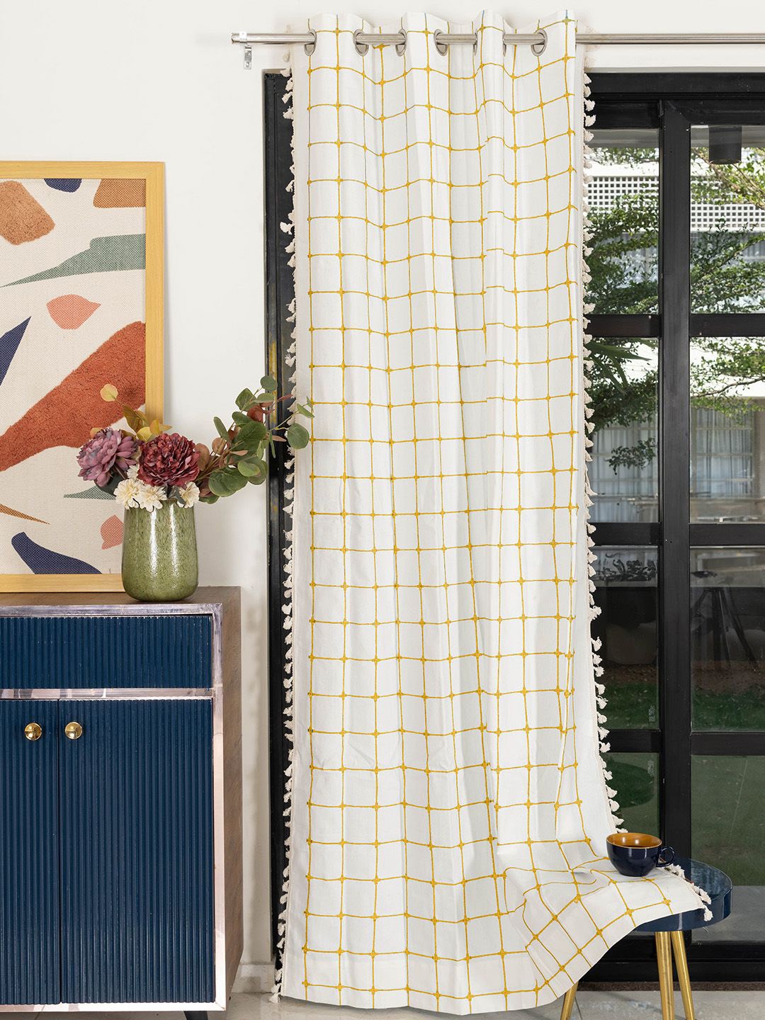 

URBAN SPACE White & Mustard Yellow Geometric Embroidered Tasselled Cotton Door Curtain