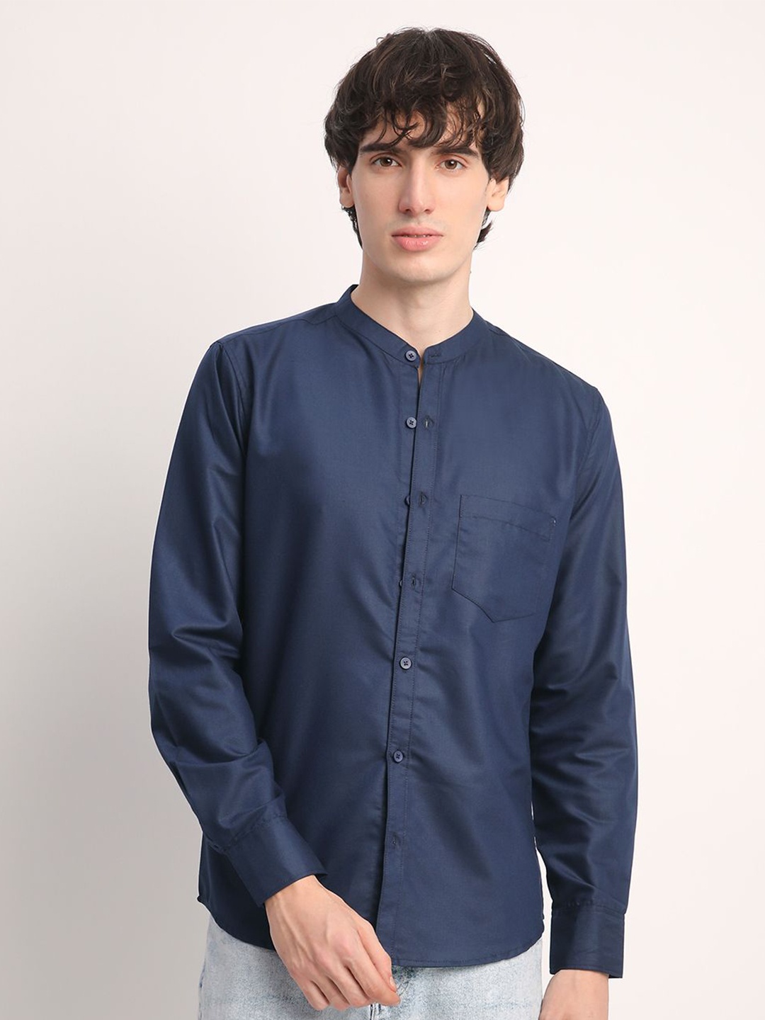 

Voroxy Men Smart Mandarin Collar Solid Cotton Casual Shirt, Navy blue