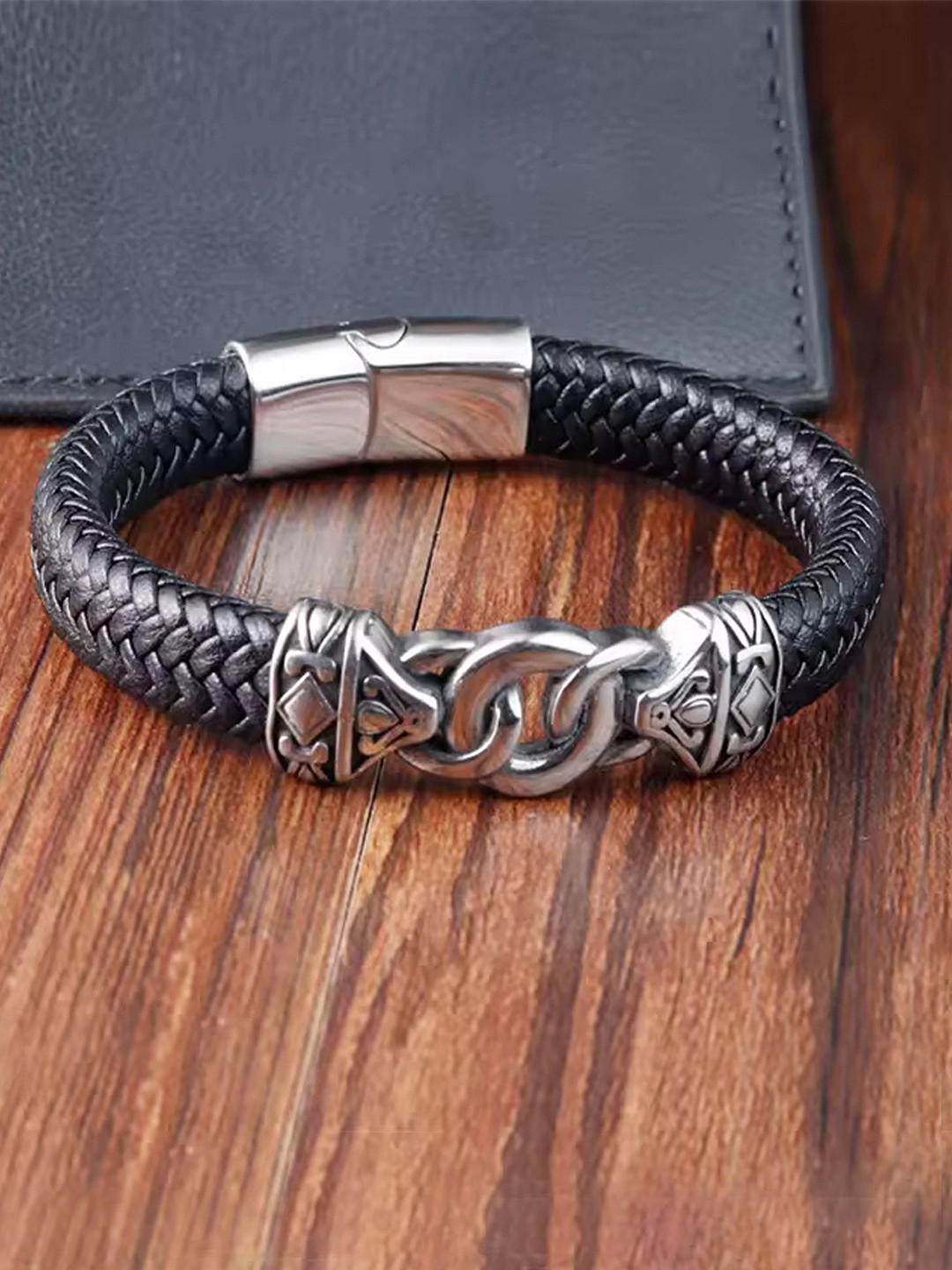 

Heer Collection Men Stainless Steel Leather Wraparound Bracelet, Black