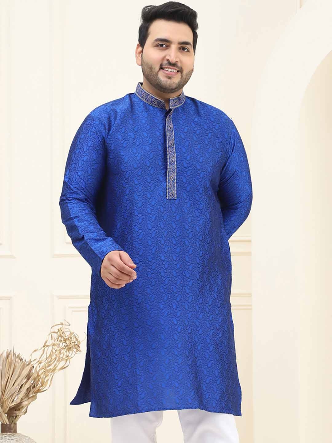 

SOJANYA PLUS Ethnic Motifs Woven Design Band Collar Silk Straight Kurta, Blue