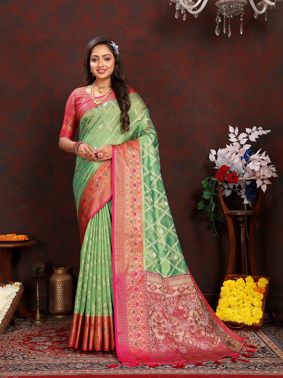 

Zeekha Woven Design Zari Pure Silk Traditional Kanjeevaram Saree, Sea green