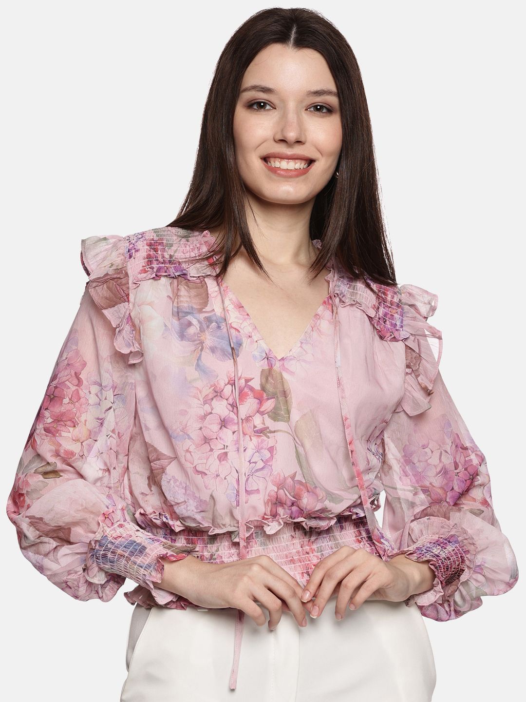 

ISU Women Floral Printed V-Neck Top, Pink