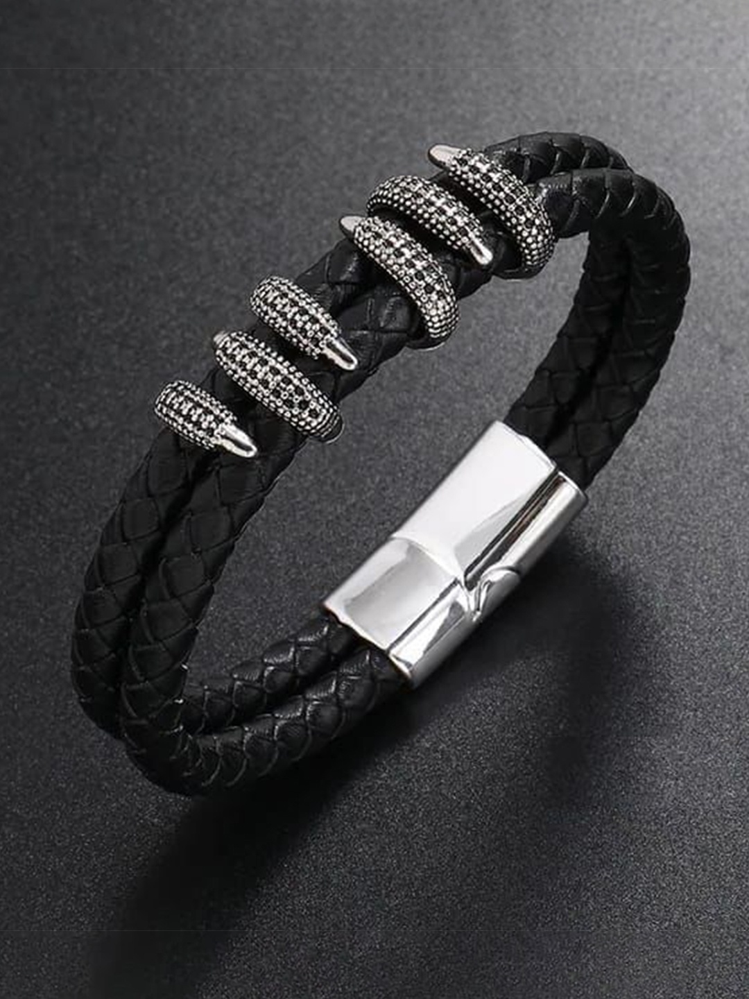 

Heer Collection Men Leather & Stainless Steel Wraparound Bracelet, Black