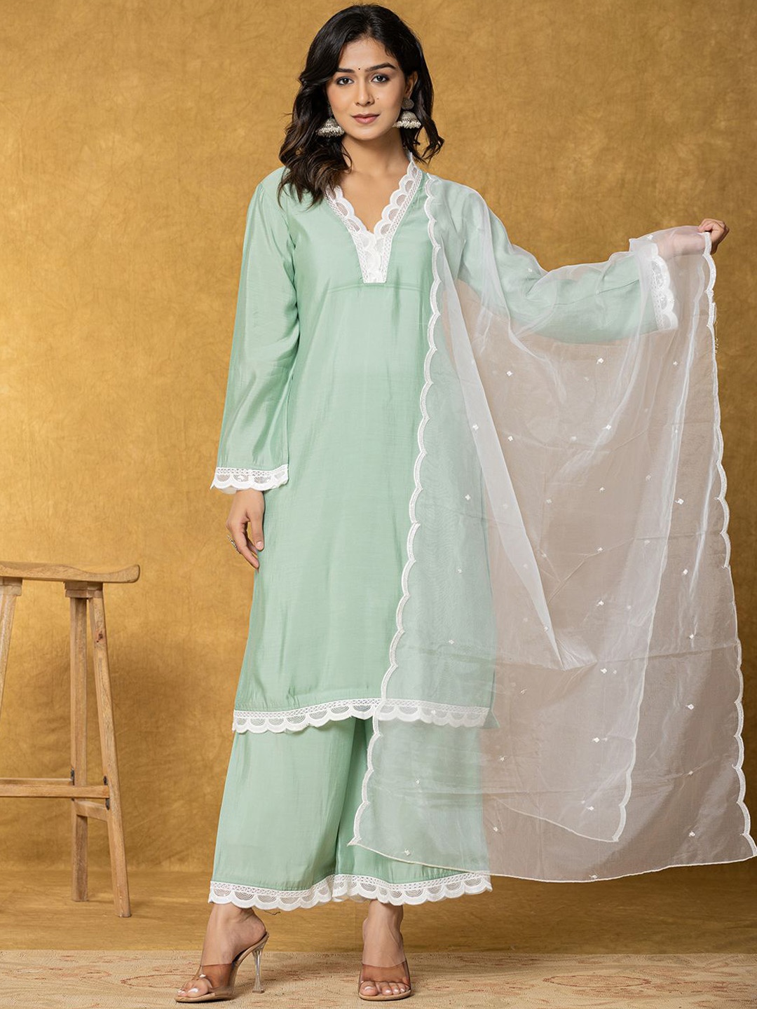 

Yufta V-Neck Regular Kurta With Palazzos & Dupatta, Sea green