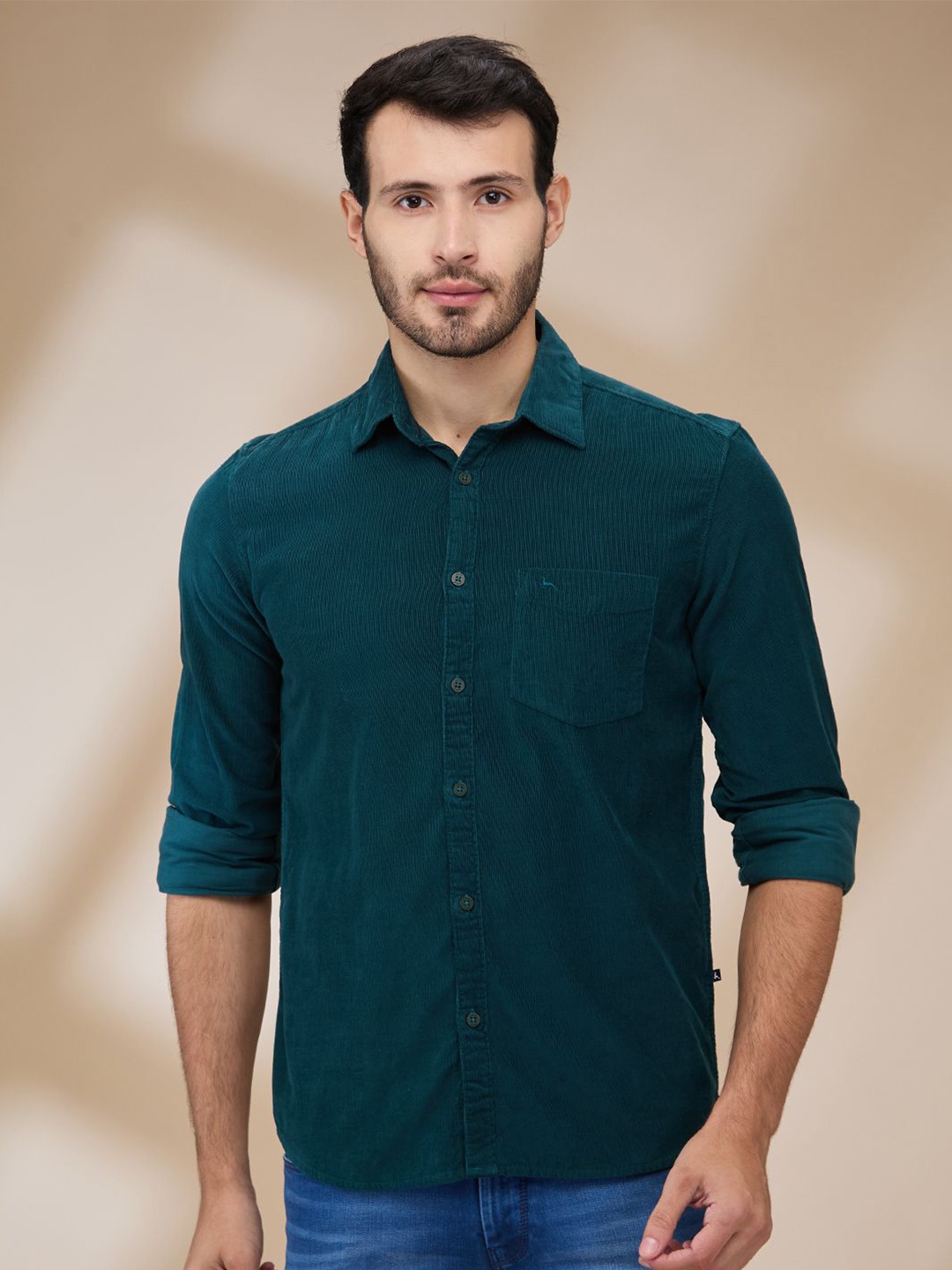 

Parx Men Spread Collar Solid Cotton Slim Fit Casual Shirt, Green