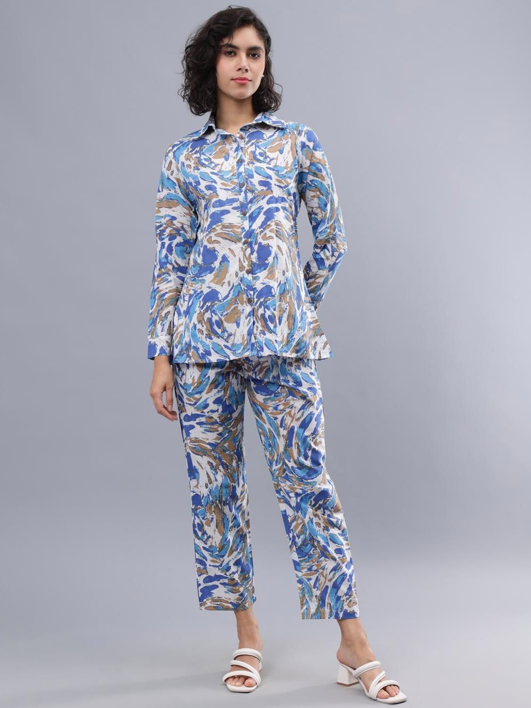 

CORDSET Printed Pure Cotton Shirt With Trousers Co-Ords, Off white