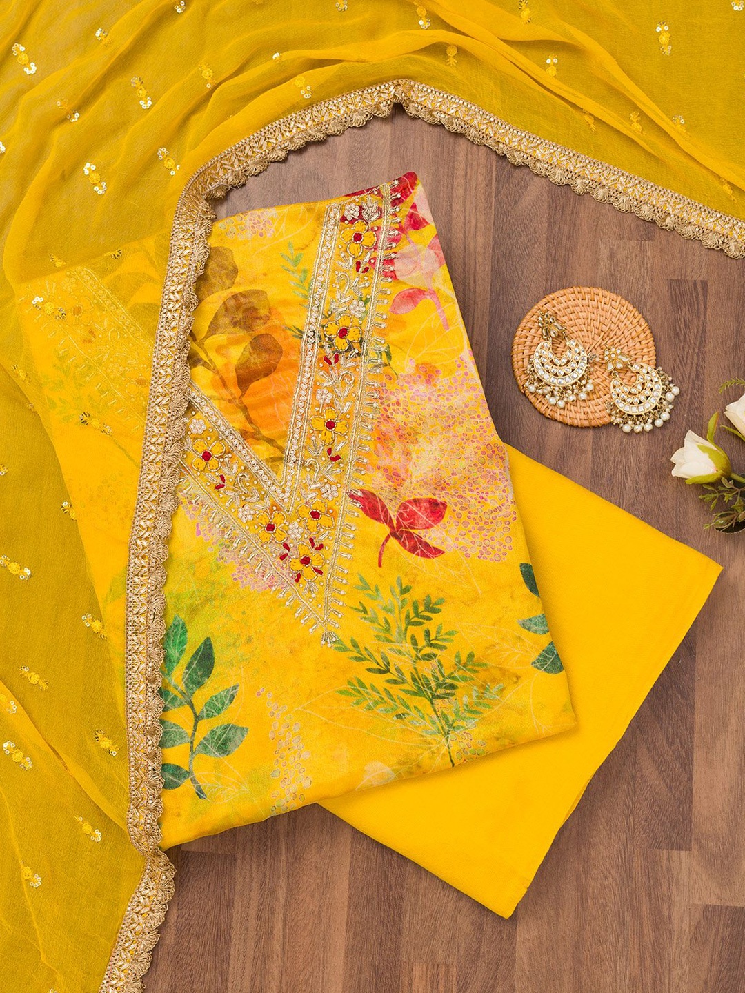 

Koskii Floral Printed Beads and Stones Unstitched Dress Material, Yellow