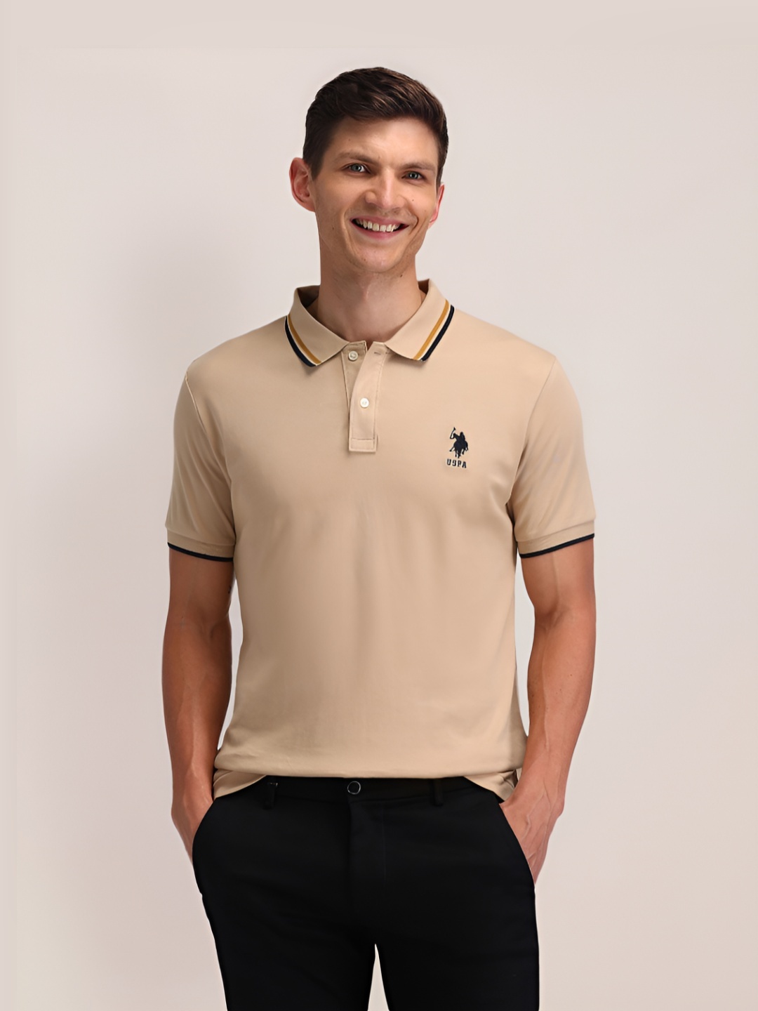 

U.S. Polo Assn. Men Brand Logo Solid Slim Fit Pure Cotton T-shirt, Beige