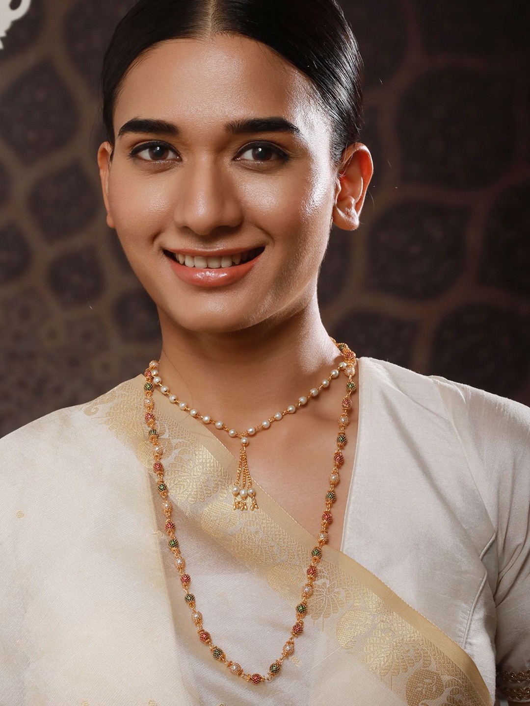

Jazz and Sizzle Brass Gold-Plated Pearls Beaded Necklace
