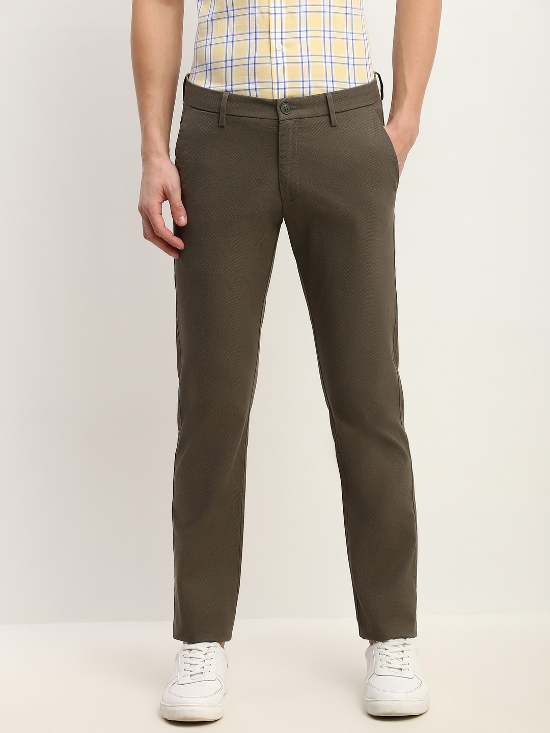 

Allen Solly Men Printed Slim Fit Cotton Trousers, Olive