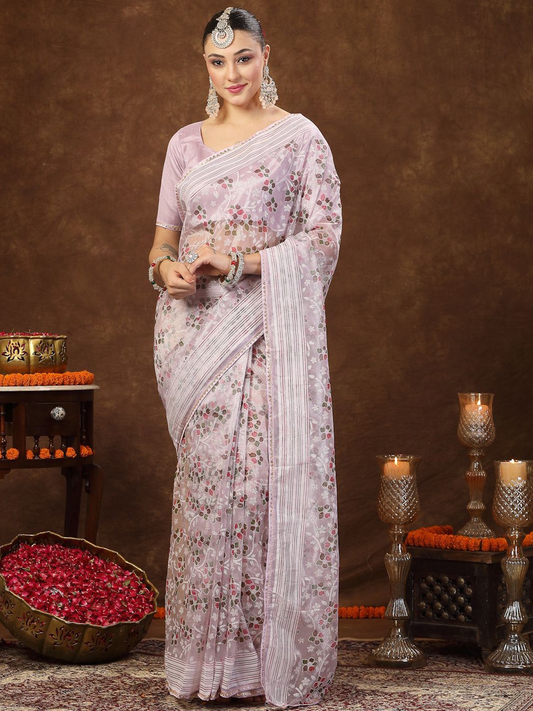 

Stylum Floral Printed Gotta Patti Organza Saree, Lavender
