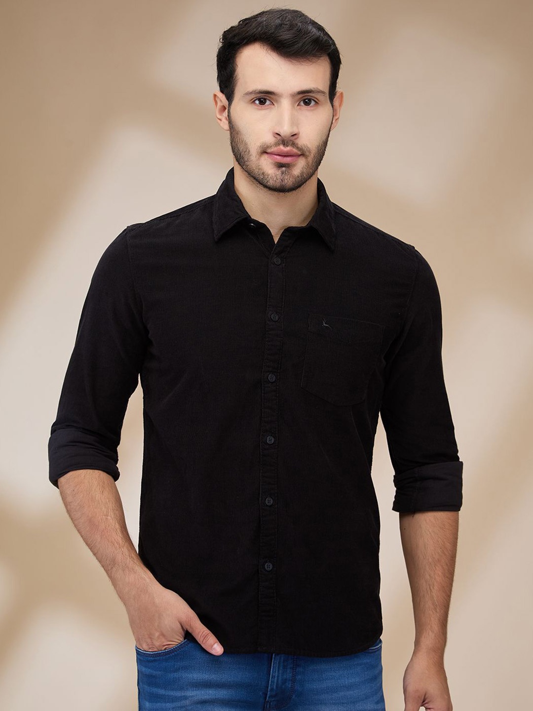 

Parx Men Spread Collar Solid Cotton Slim Fit Casual Shirt, Black