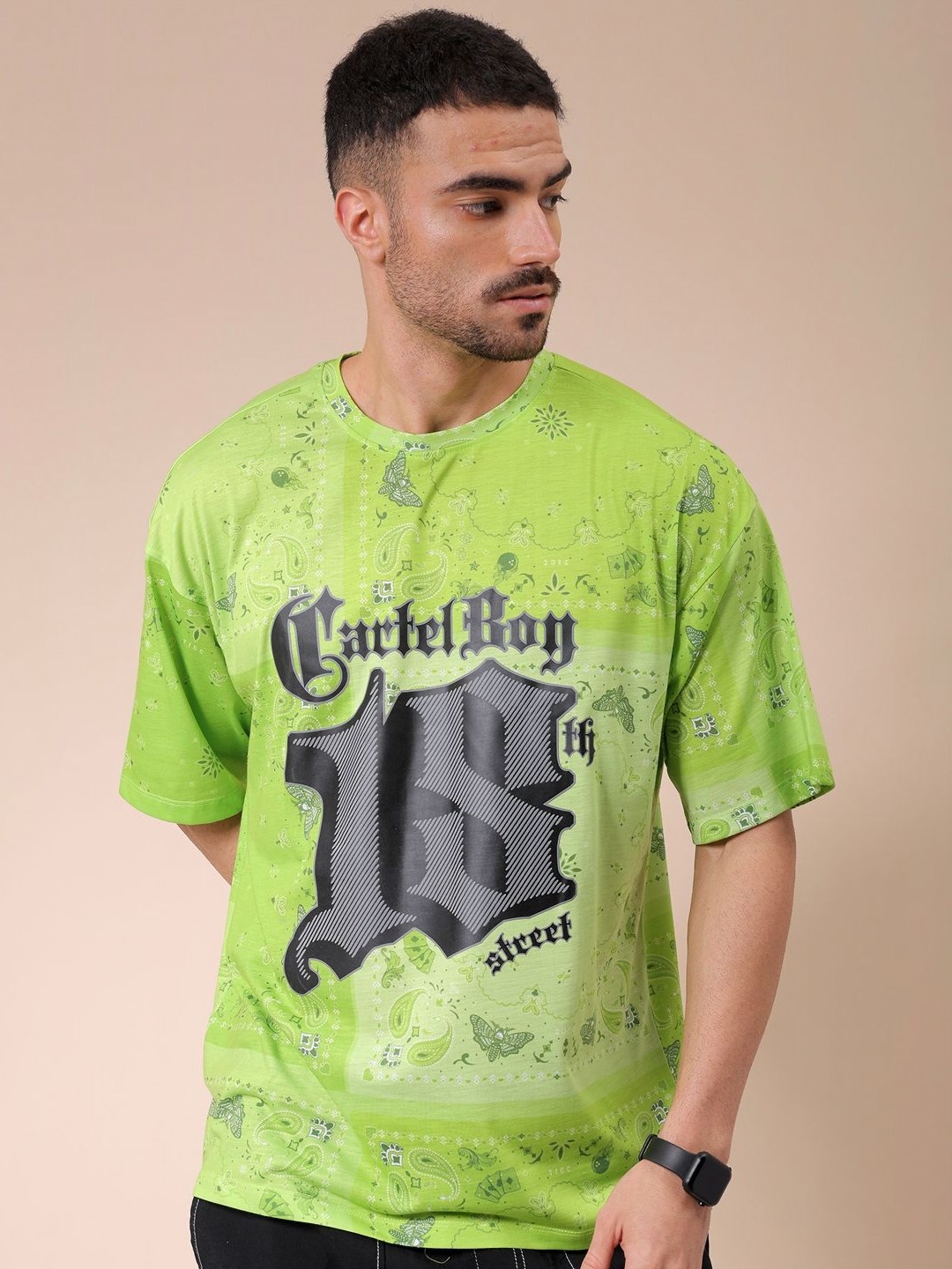

The Indian Garage Co Men Graphic Printed Round Neck Oversized T-shirt, Green
