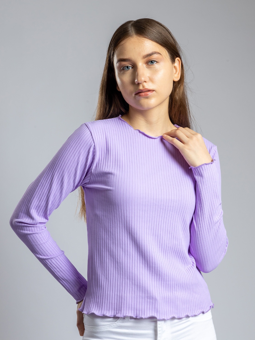 

Redamancii Women Solid Round Neck Polycotton Top, Lavender