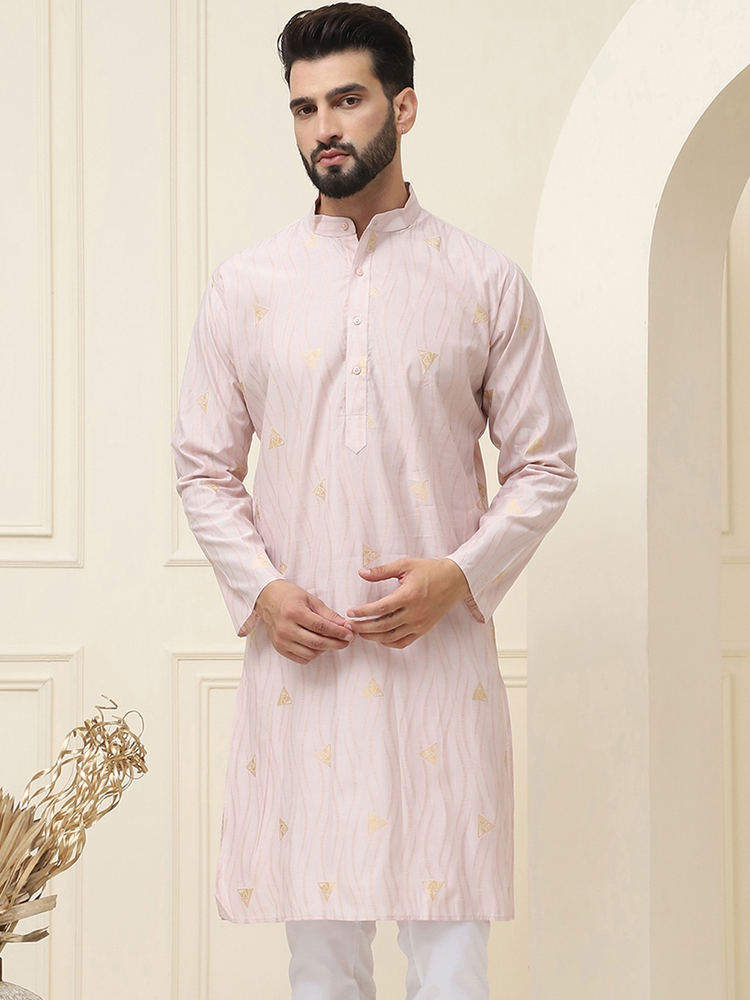 

SOJANYA Geometrc Woven Design Band Collar Long Sleeves Cotton Silk Kurta, Peach