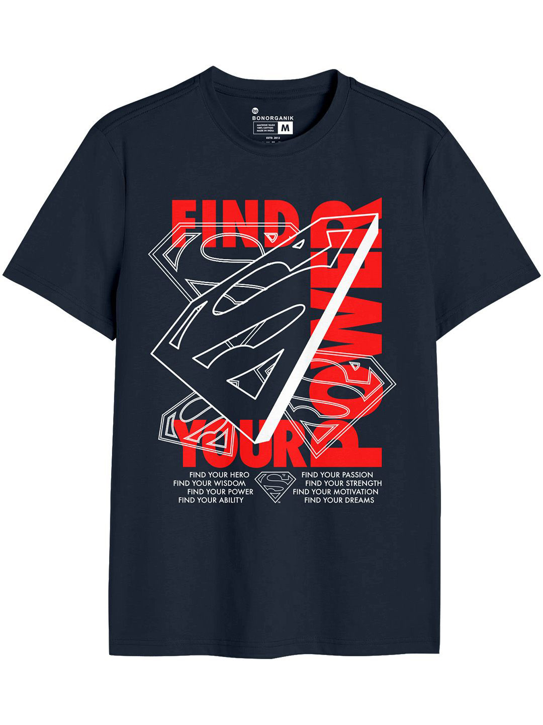 

BonOrganik Men Typography Printed Round Neck Cotton T-shirt, Navy blue