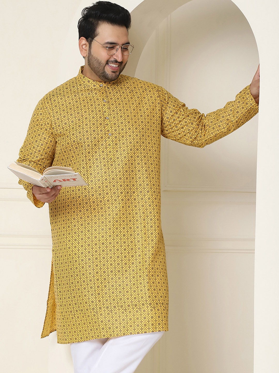 

SOJANYA Plus Ethnic Motifs Printed Mandarin Collar Long Sleeve Cotton Linen Straight Kurta, Mustard