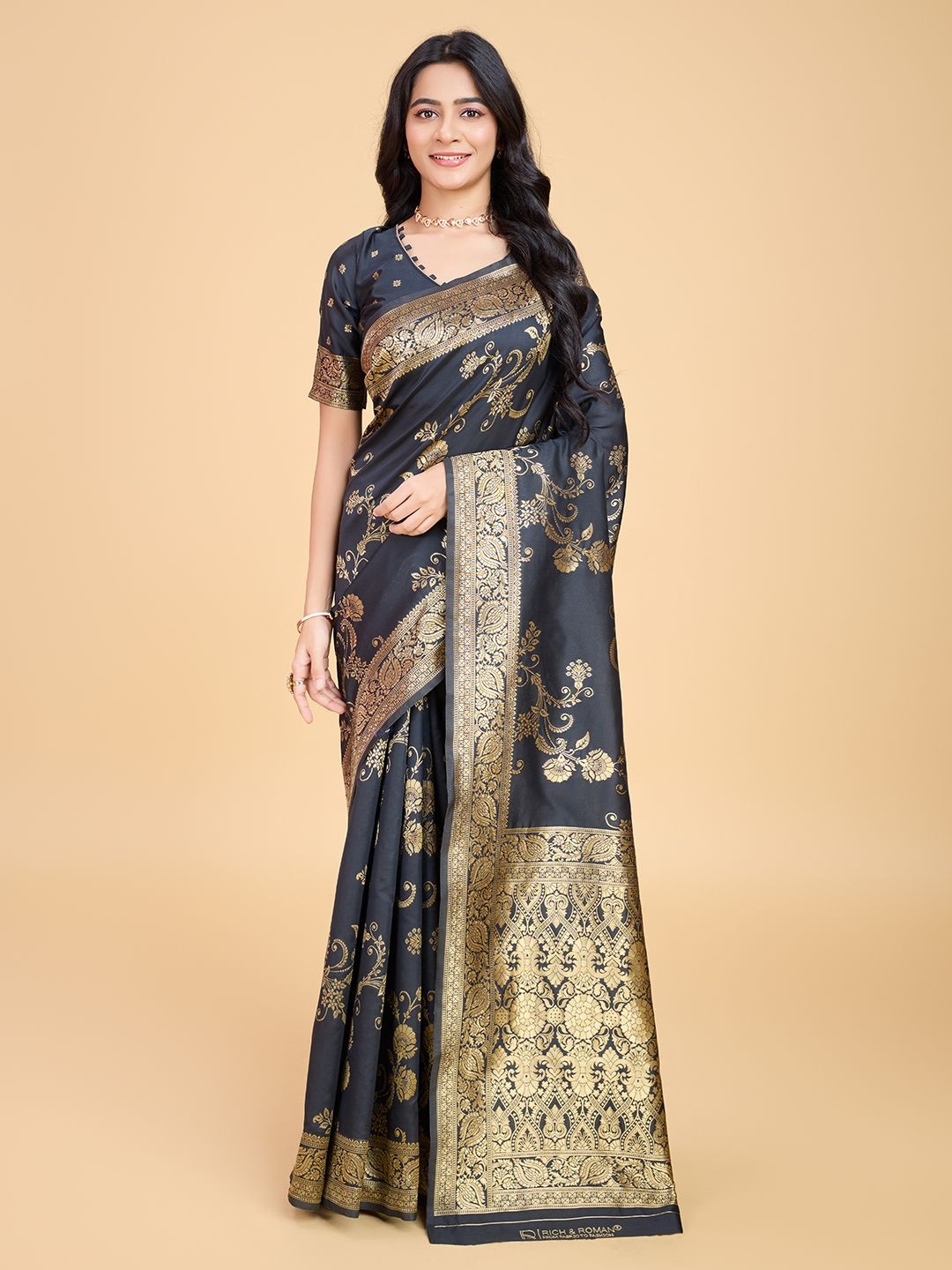 

RICH & ROMAN Woven Design Zari Pure Silk Banarasi Saree, Black