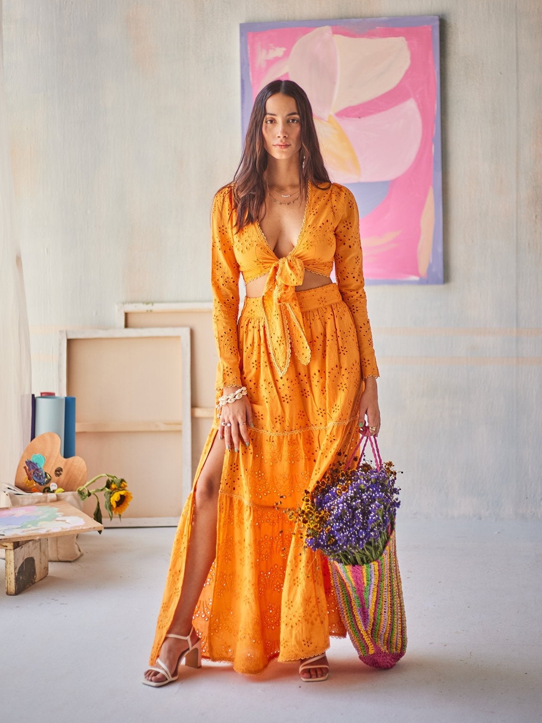 

Sage by Mala Schiffli Self Design V-Neck Pure Cotton Top & Skirt, Orange