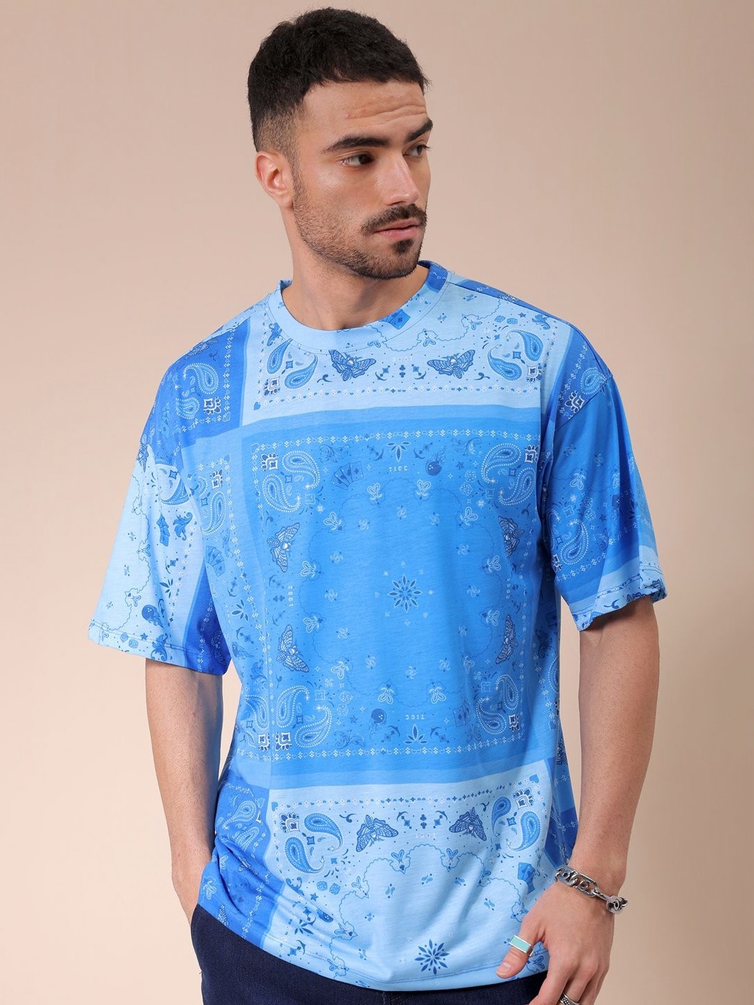 

The Indian Garage Co Men Abstract Printed Round Neck Oversized T-shirt, Blue