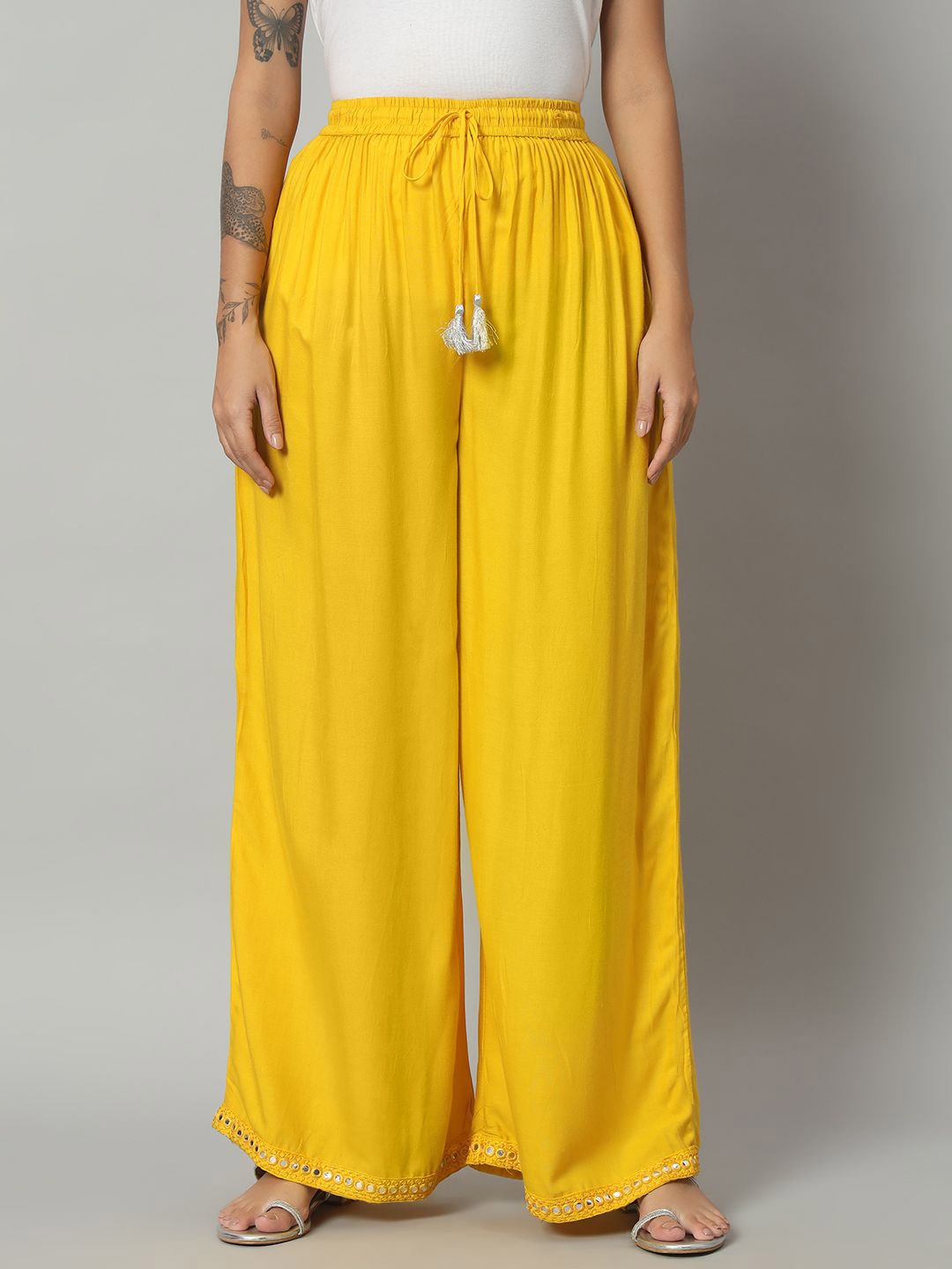 

ZRI Women Solid Ethnic Embroidered Mirror Work Palazzos, Mustard