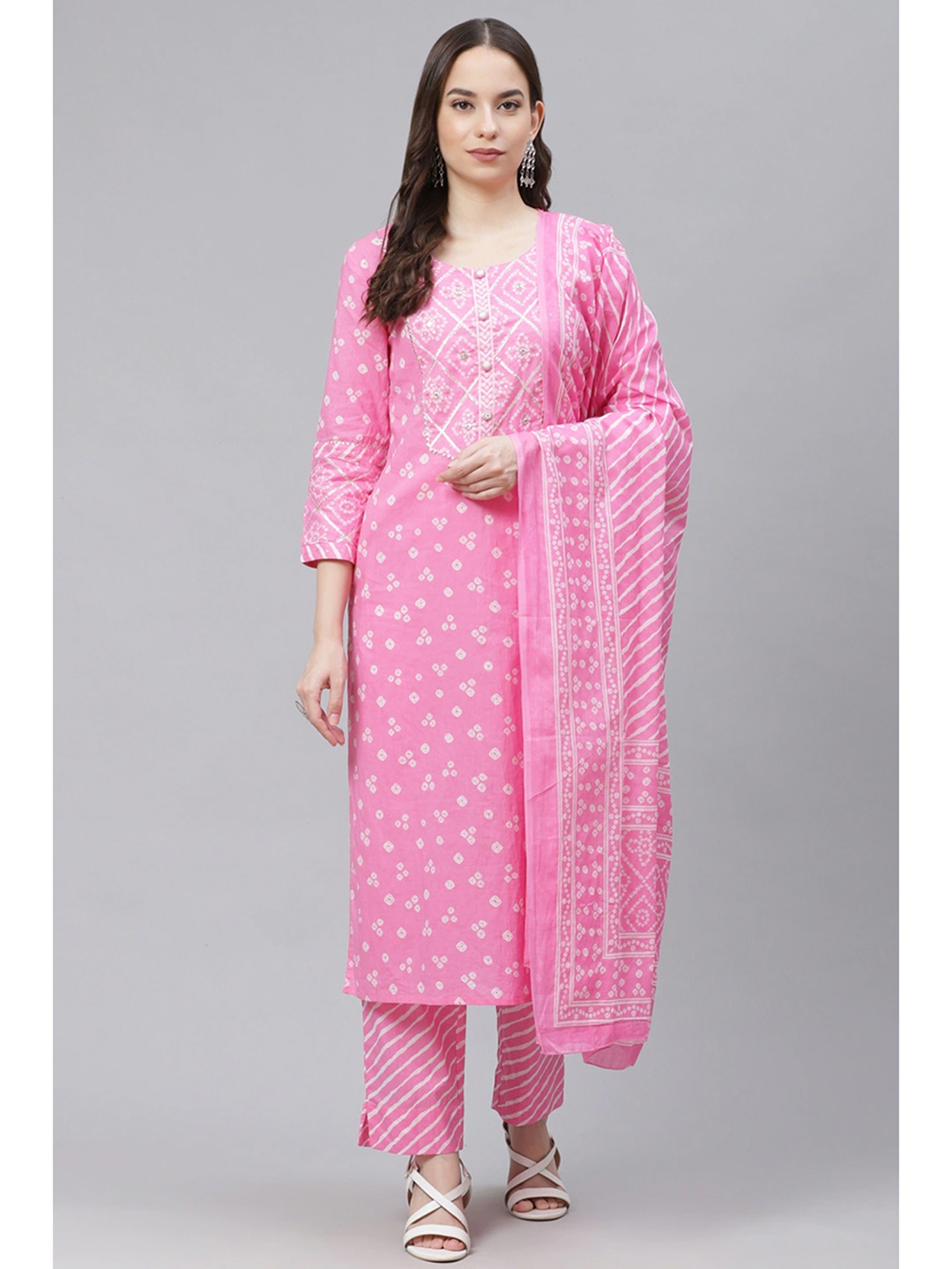 

KALINI Bandhani Printed Gotta Patti Pure Cotton Straight Kurta With Trousers & Dupatta, Pink