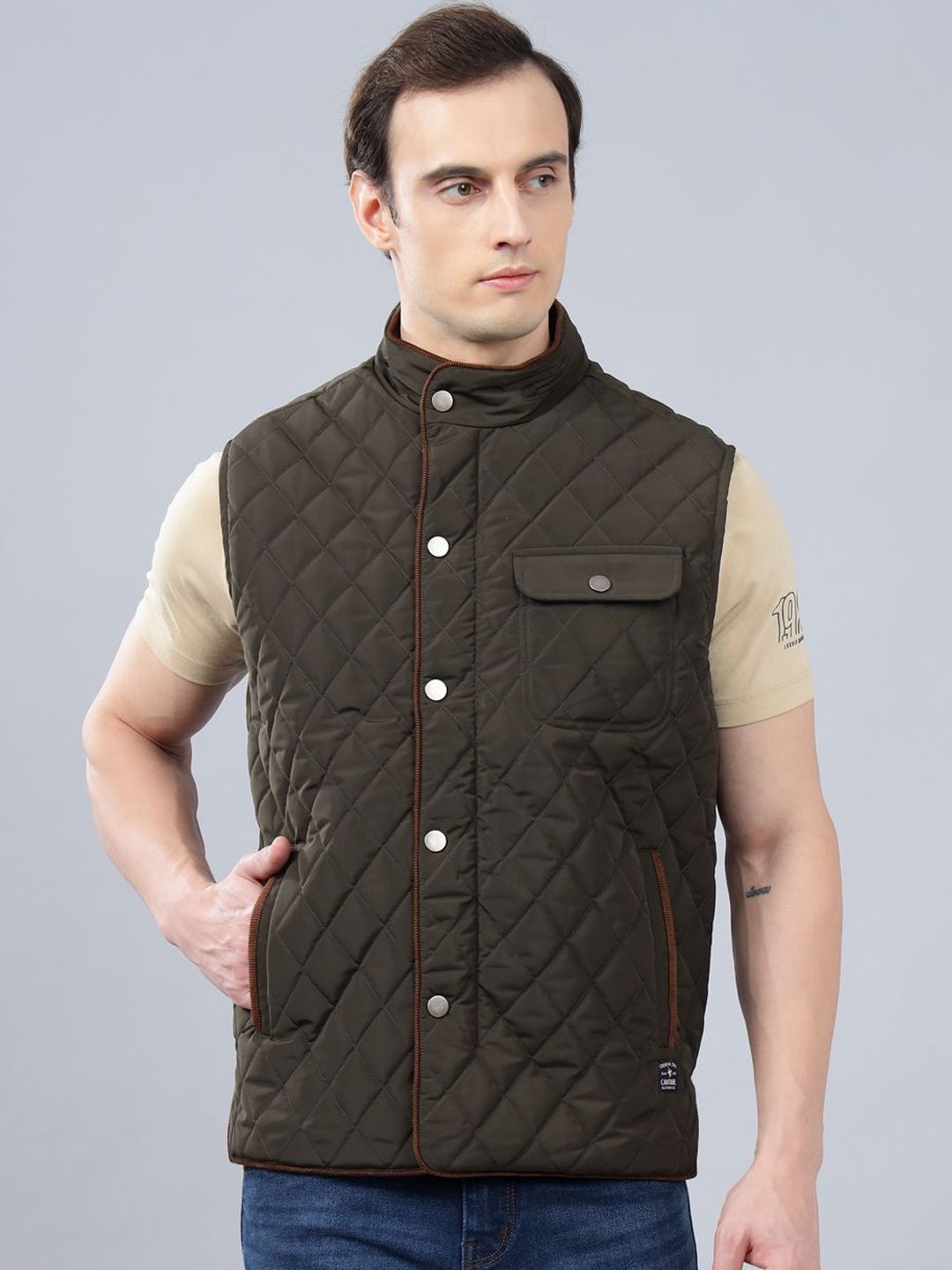 

Cantabil Men Solid Winter Mock Collar Sleeveless Quilted Jacket, Olive