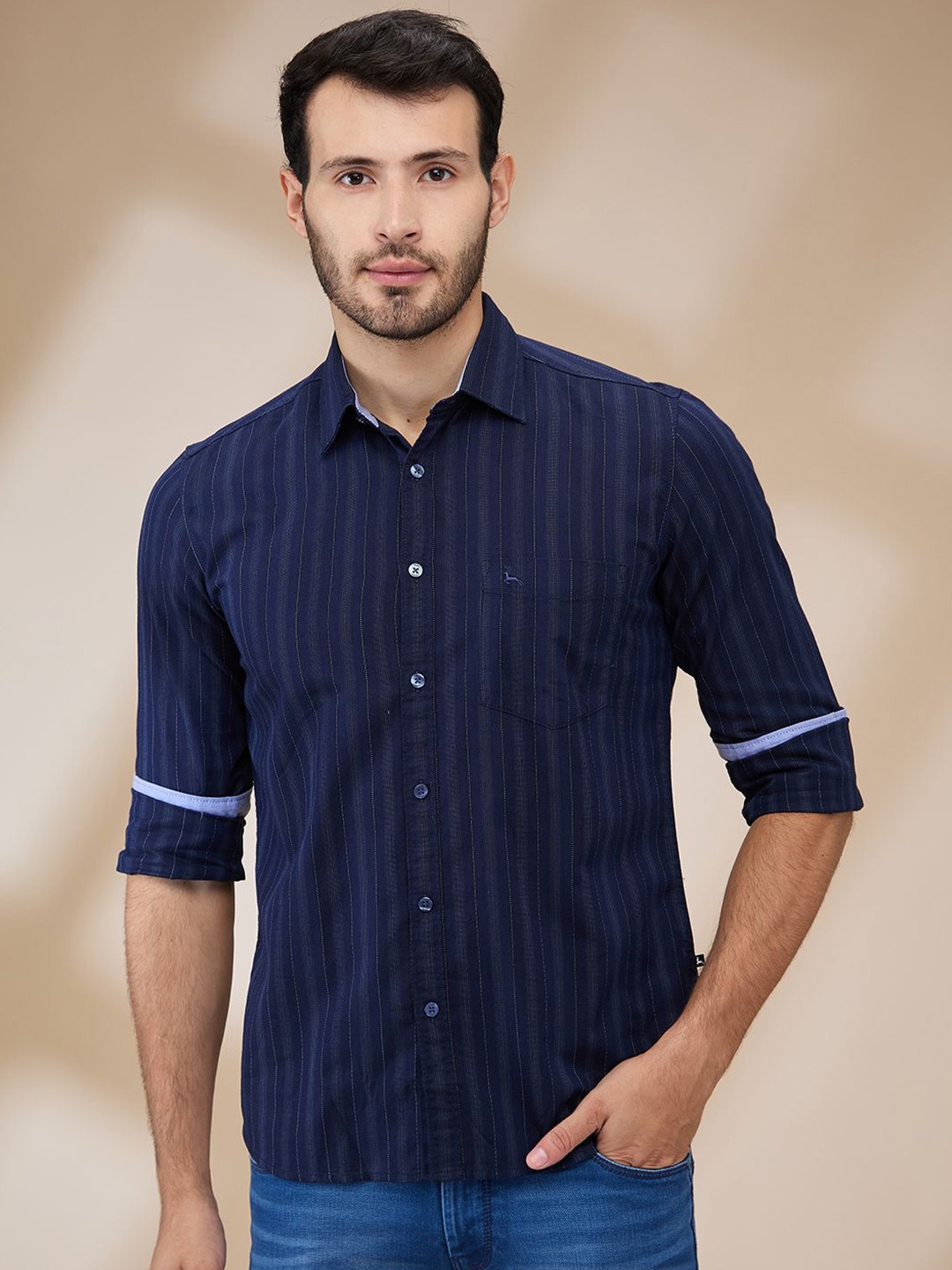 

Parx Men Spread Collar Vertical Striped Cotton Slim Fit Casual Shirt, Blue
