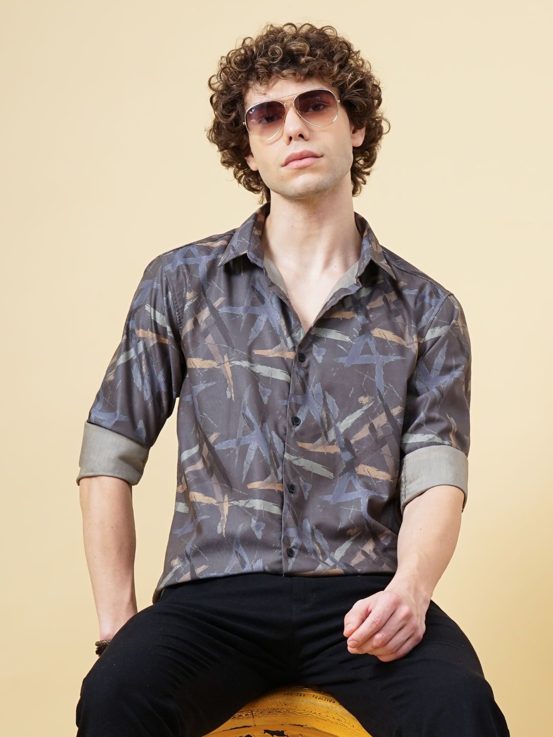 

PAUL STREET Men Classic Spread Collar Abstract Printed Slim Fit Casual Shirt, Olive