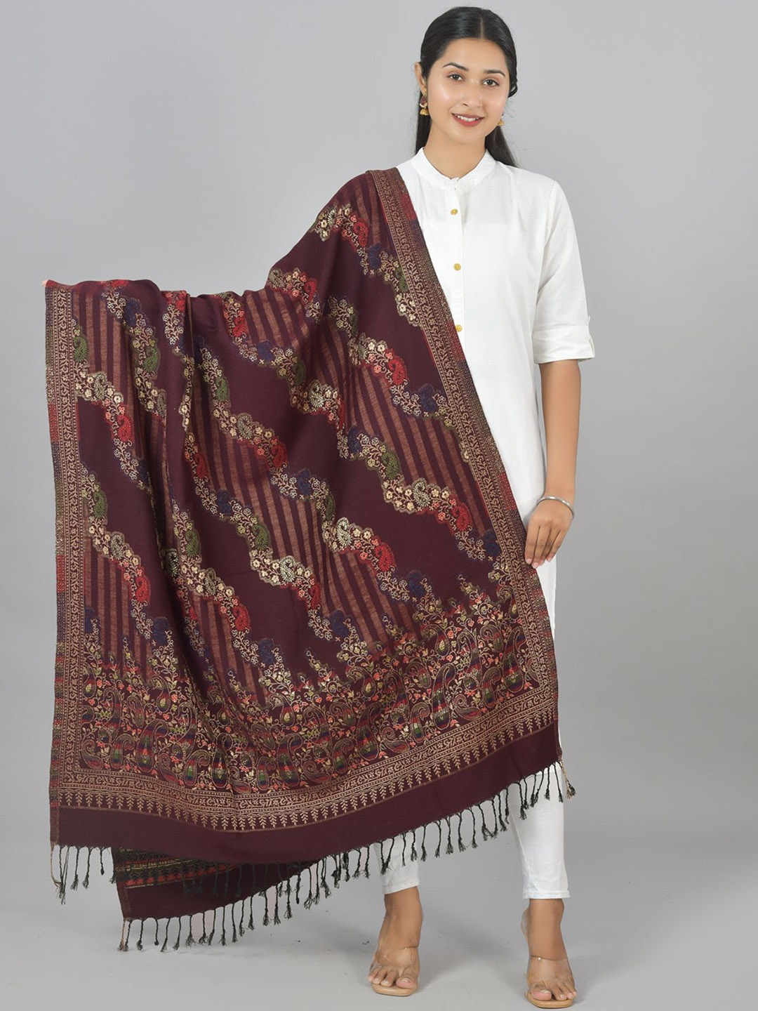 

BAISA Paisley Woven Design Zari Ethnic Shawl, Burgundy