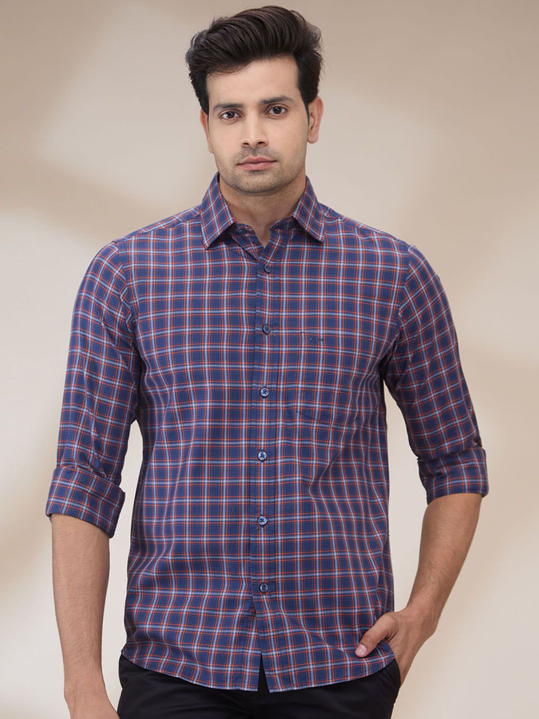 

ColorPlus Men Spread Collar Tartan Checked Cotton Casual Shirt, Blue
