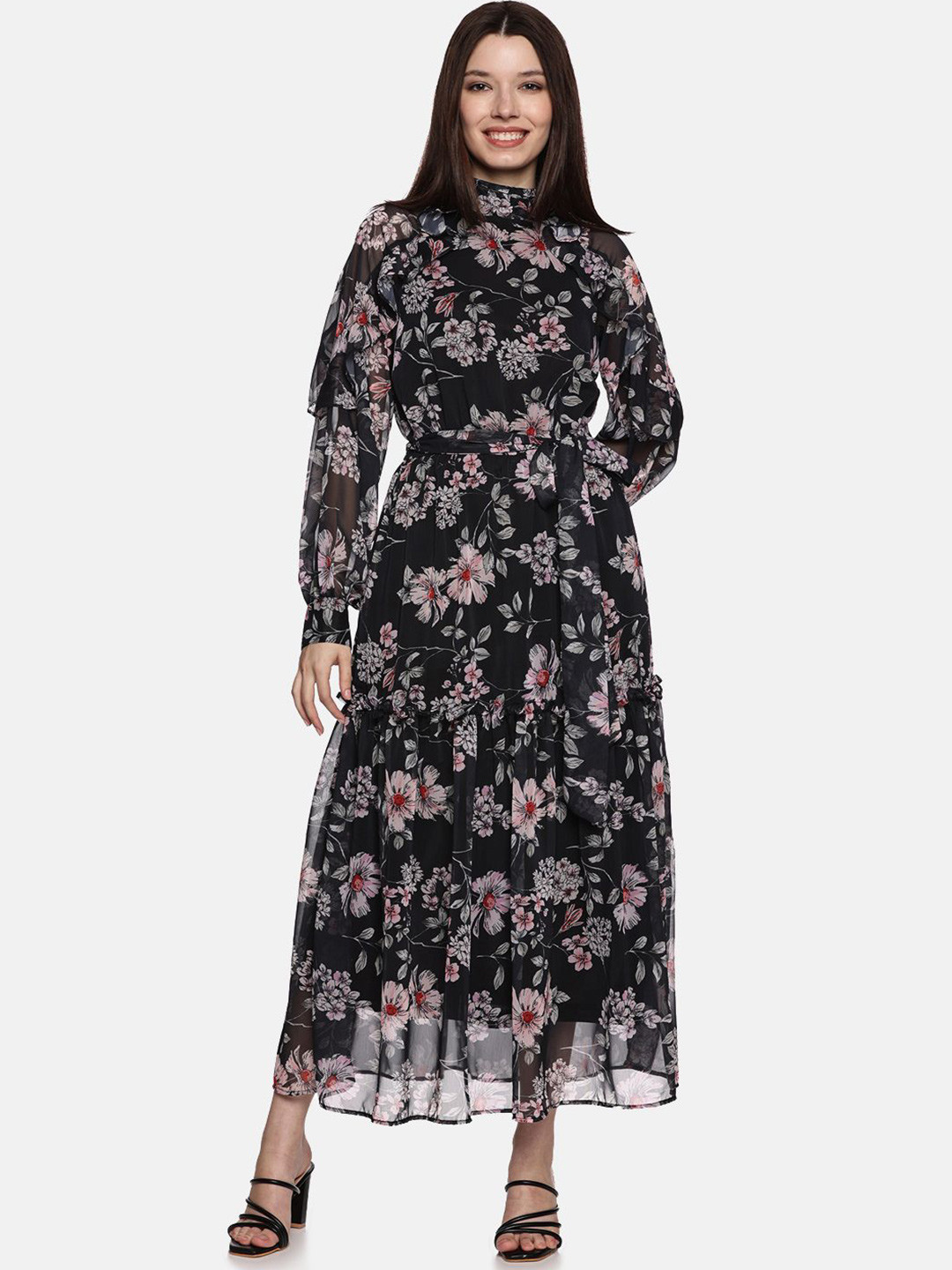 

ISU Women Floral Printed Chiffon Maxi Dress, Black
