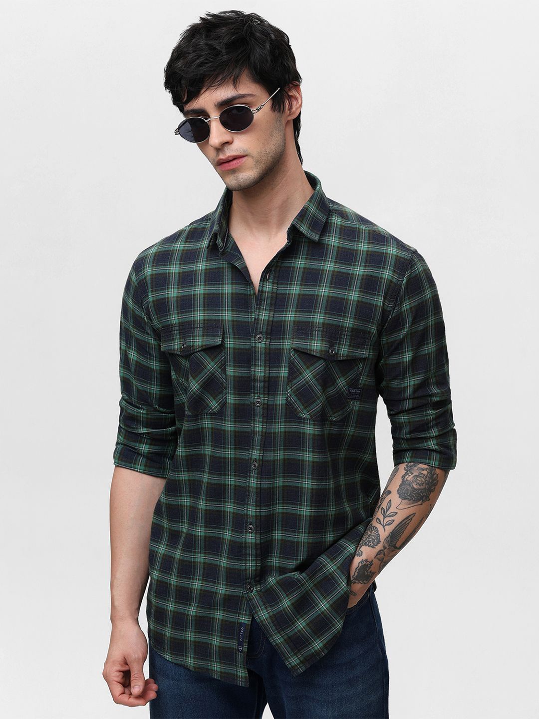 

Klub Fox Men Spread Collar Tartan Checked Cotton Slim Fit Casual Shirt, Green