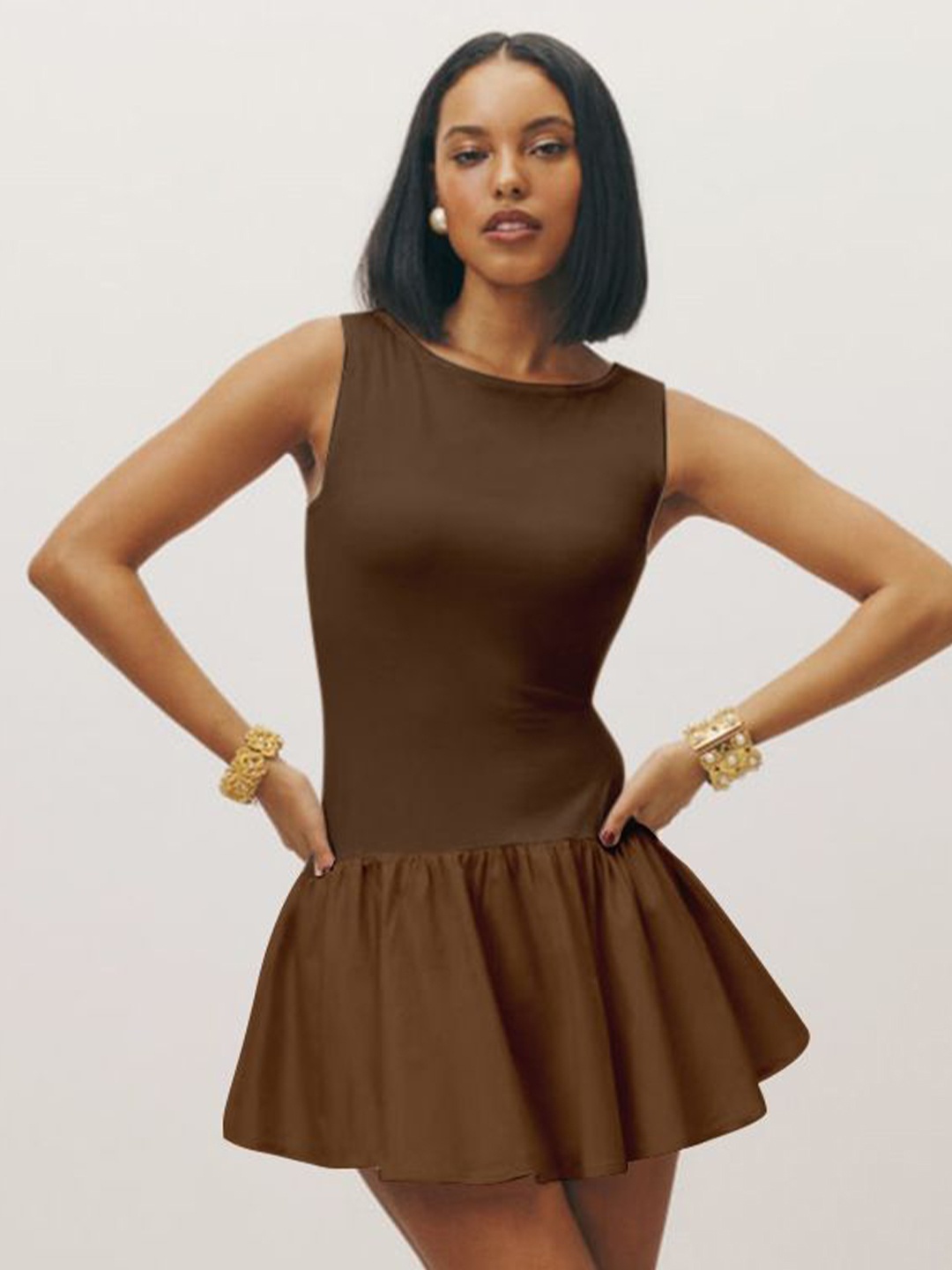 

MIAKEE Women A-Line Mini Dress, Brown