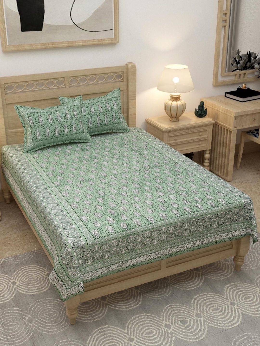 

Lali Prints Green & White Ethnic Motifs Cotton 180 TC Single Bedsheet with 2 Pillow Covers