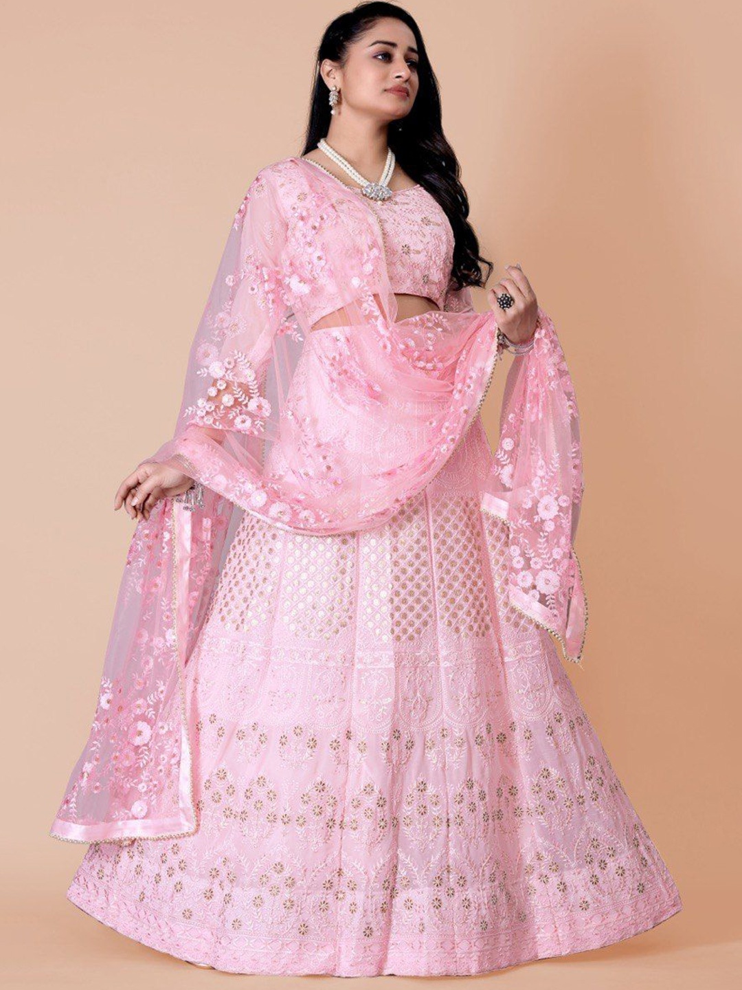 

JIHU CULTURE Embellished Sequinned Semi-Stitched Lehenga & Unstitched Blouse With Dupatta, Pink